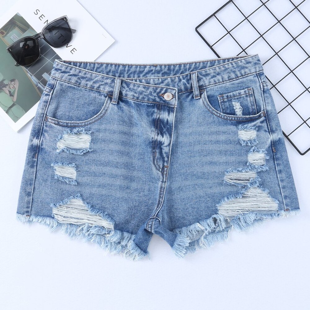 B235 Sky Blue High Rise Crossover Waist Denim Shorts - Picture 4 of 11